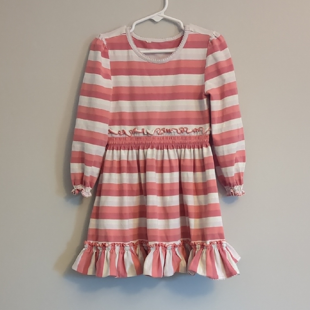 Matilda Jane Pink White Striped Long Sleeve Ruffle Dress Girls 3-4